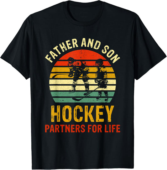 Vintage Dad And Son Hockey Partners For Life Fathers Day T-Shirt - T-Shirt | Black