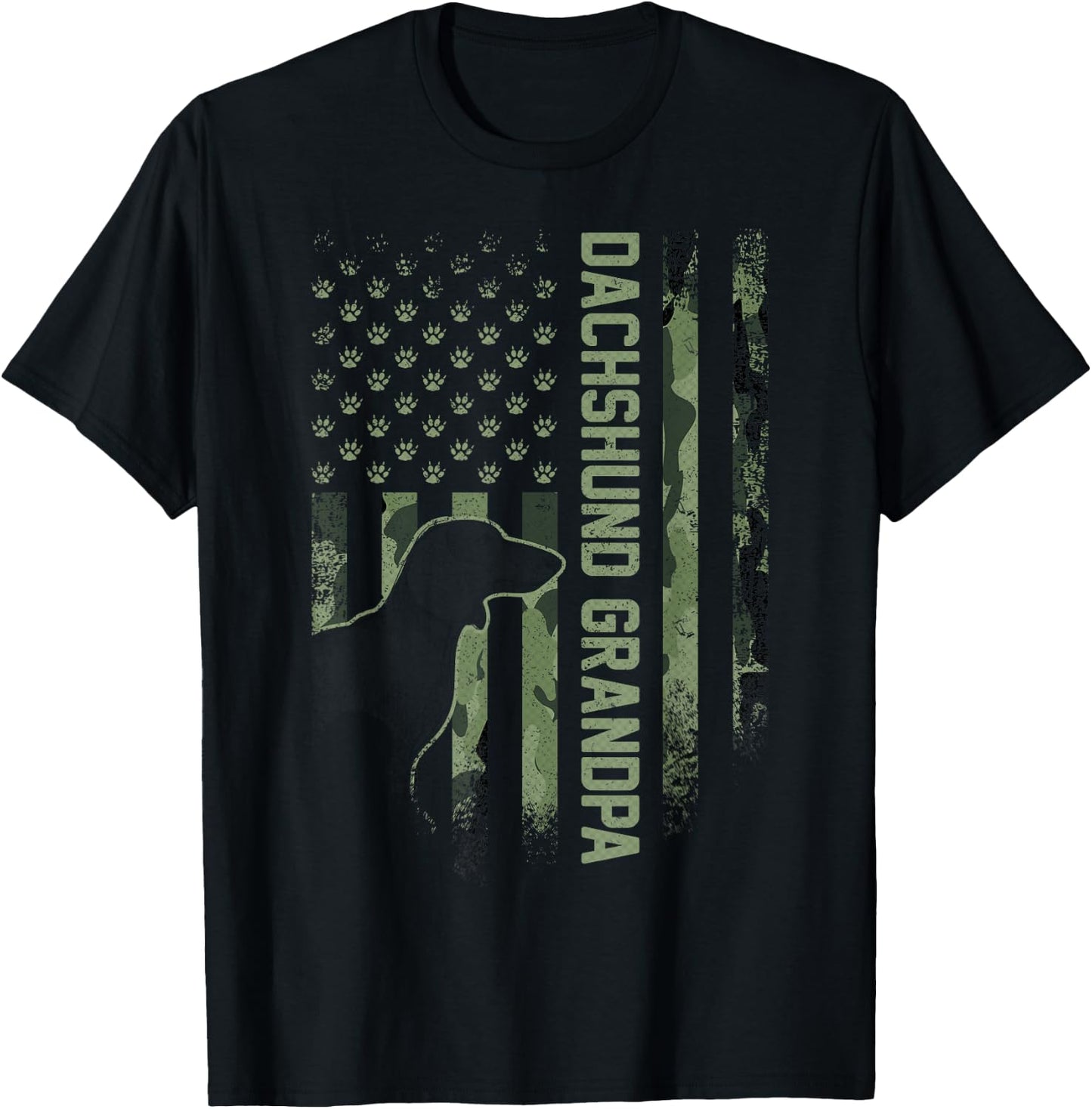 American Camo Flag Proud Dachshund Grandpa Wiener Silhouette T-Shirt - T-Shirt | Black