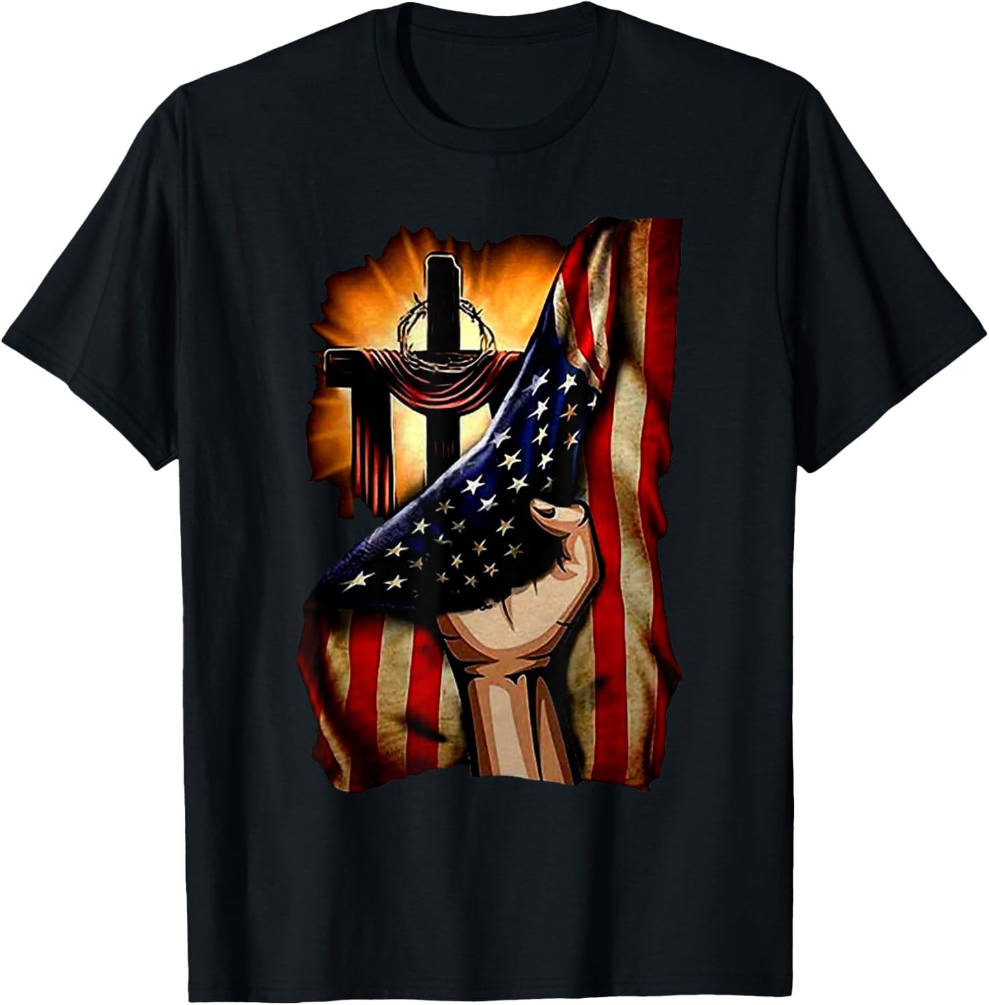 Cross Christ American Flag Pride Hand Christian Lover Gift Men T-Shirt - T-Shirt | Black