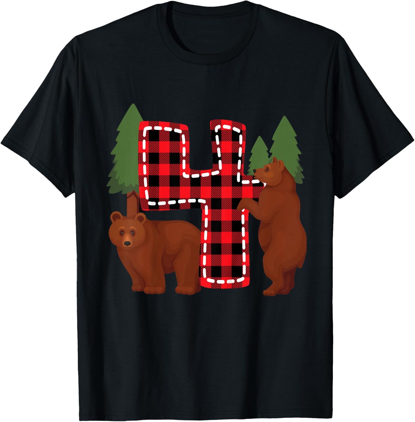 Kids 4 Year Old Lumberjack Birthday Party Bear Plaid Boy 4th Gift T-Shirt - T-Shirt | Black