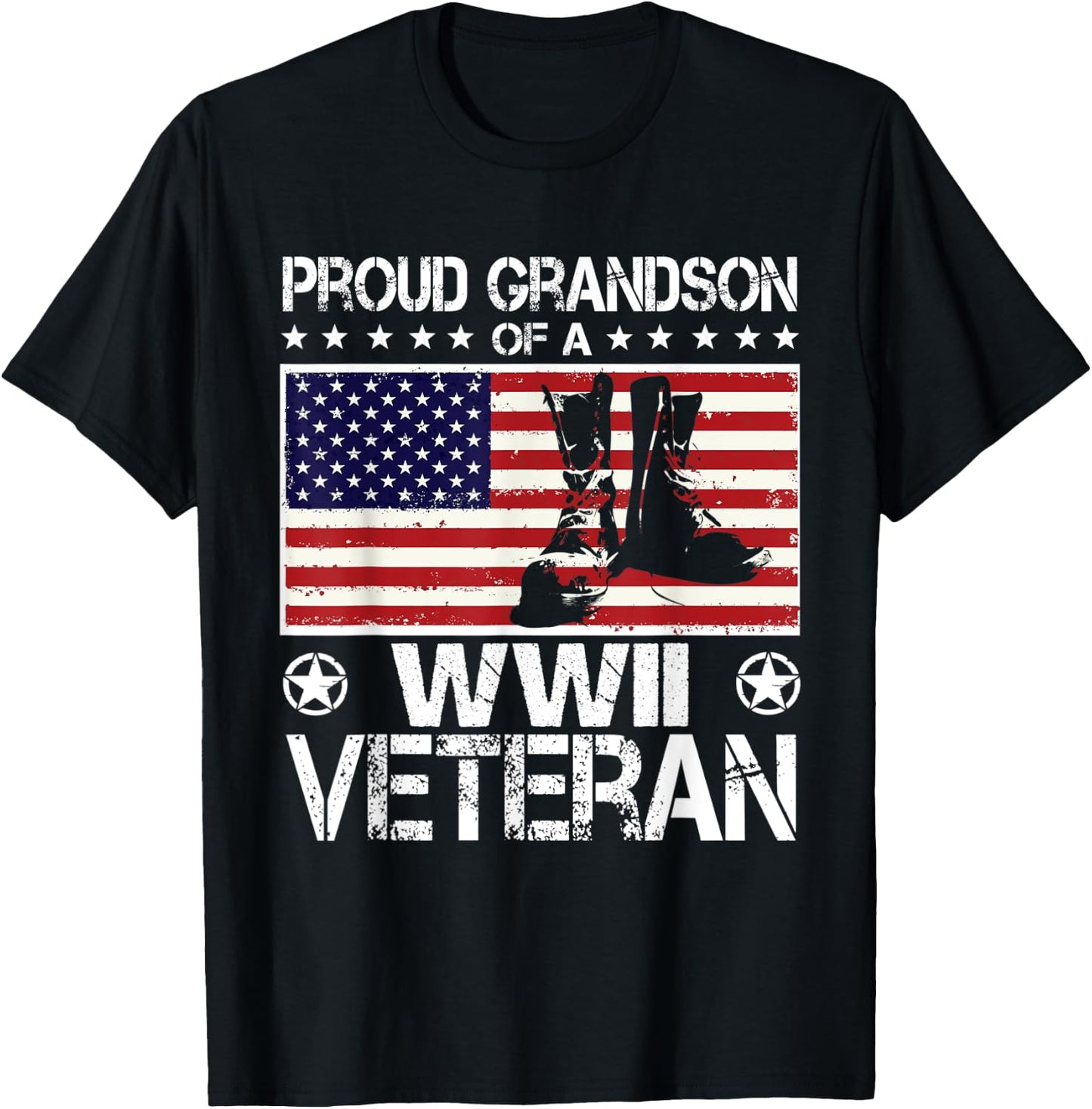 Proud Grandson Of WWII Veteran US Flag Boots Veteran Day T-Shirt - T-Shirt | Black