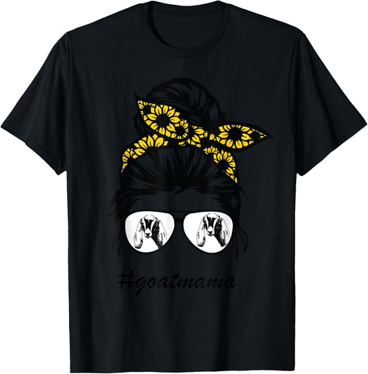 Nubians Goat Mama Messy Hair Bun Sunflower Mother Day 2021 T-Shirt - T-Shirt | Black