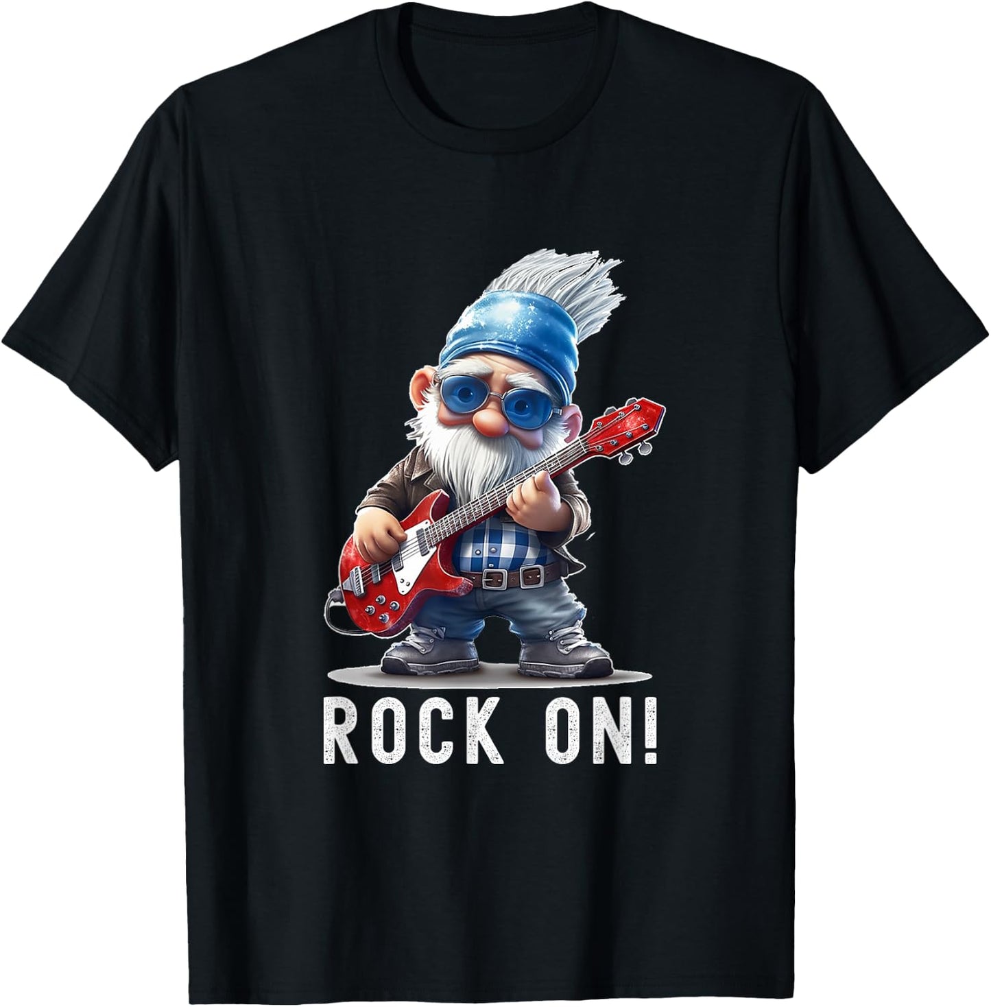 Rock On Gnome Playing Guitar Funny Guitar Playing Old Gnome T-Shirt - T-Shirt | Black
