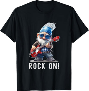 Rock On Gnome Playing Guitar Funny Guitar Playing Old Gnome T-Shirt - T-Shirt | Black