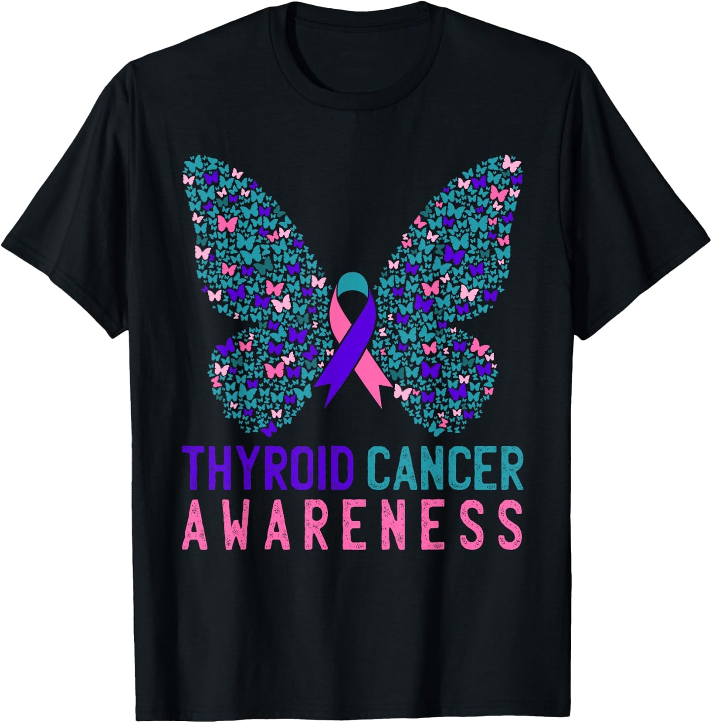 Butterfly Thyroid Cancer Awareness Month Ribbon Gift Support T-Shirt - T-Shirt | Black