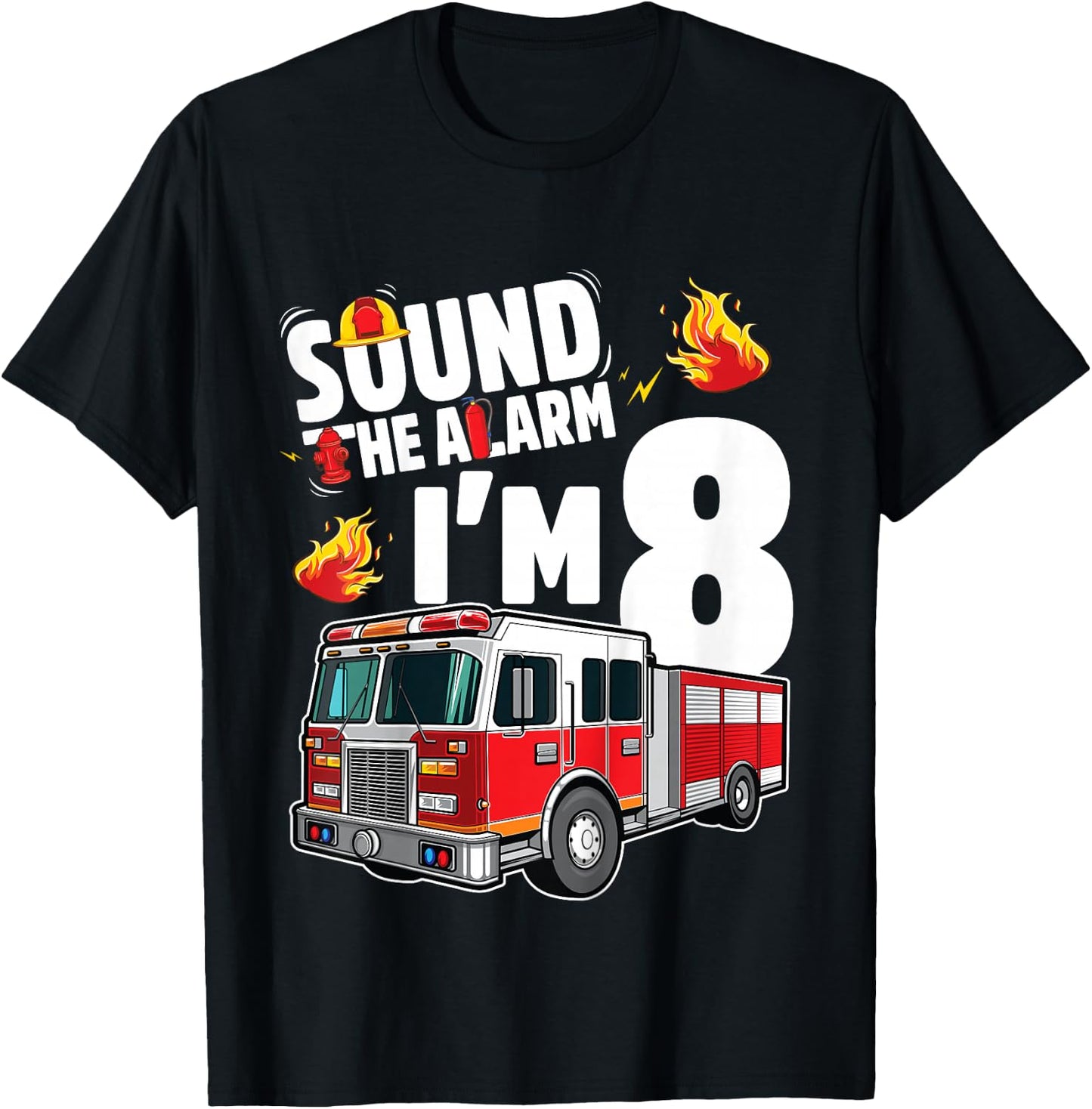 Fire Truck 8th Birthday Boy Firefighter 8 Year Old T-Shirt - T-Shirt | Black