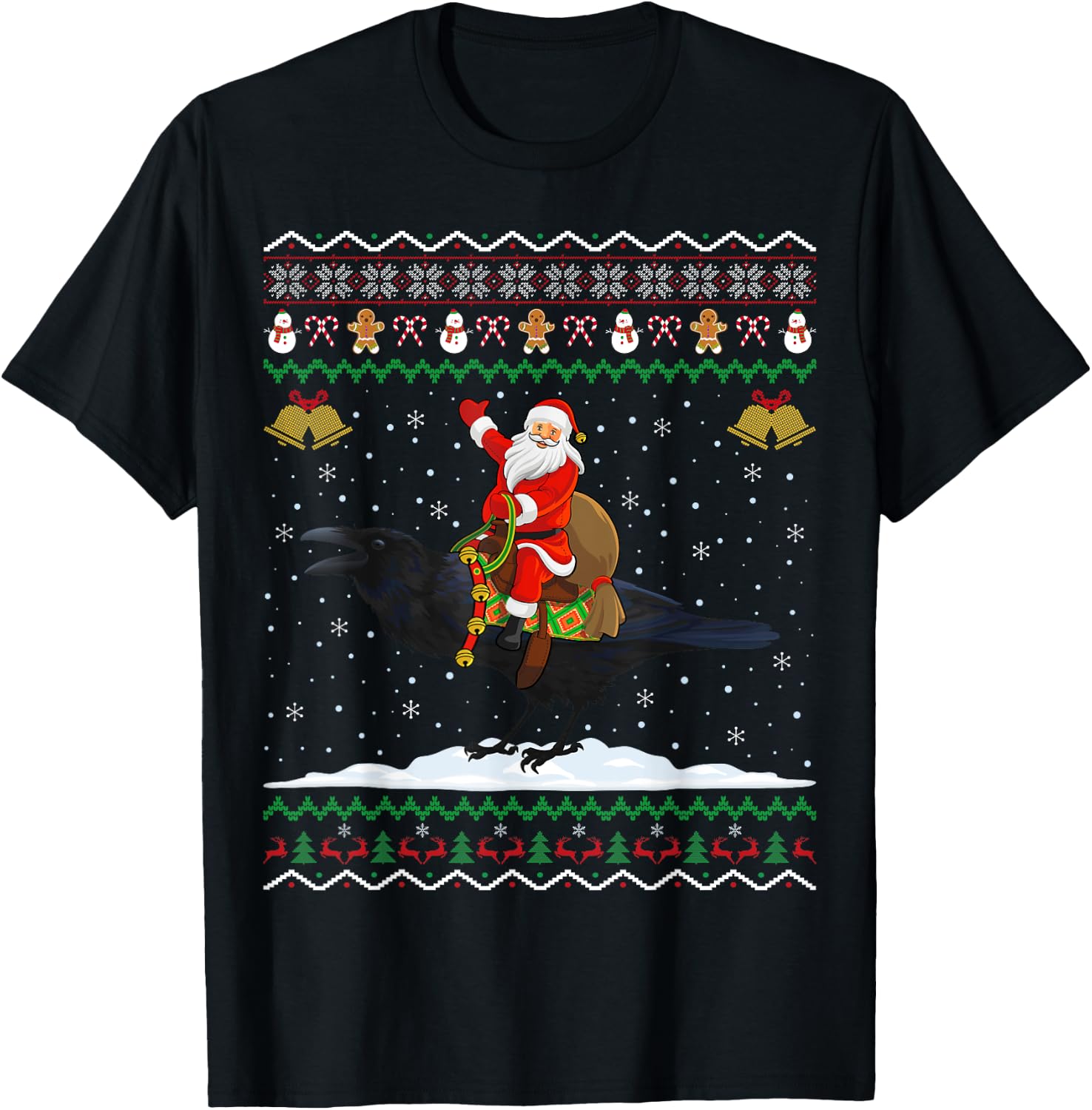 Raven Ugly Xmas Gift Santa Riding Raven Christmas T-Shirt - T-Shirt | Black