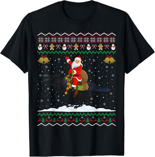Raven Ugly Xmas Gift Santa Riding Raven Christmas T-Shirt - T-Shirt | Black