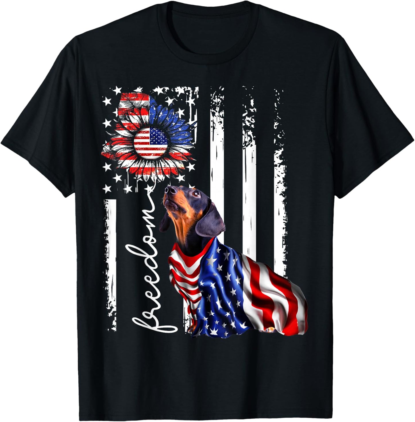 Patriotic 4th of July Weiner Dachshund Dog Freedom T-Shirt - T-Shirt | Black