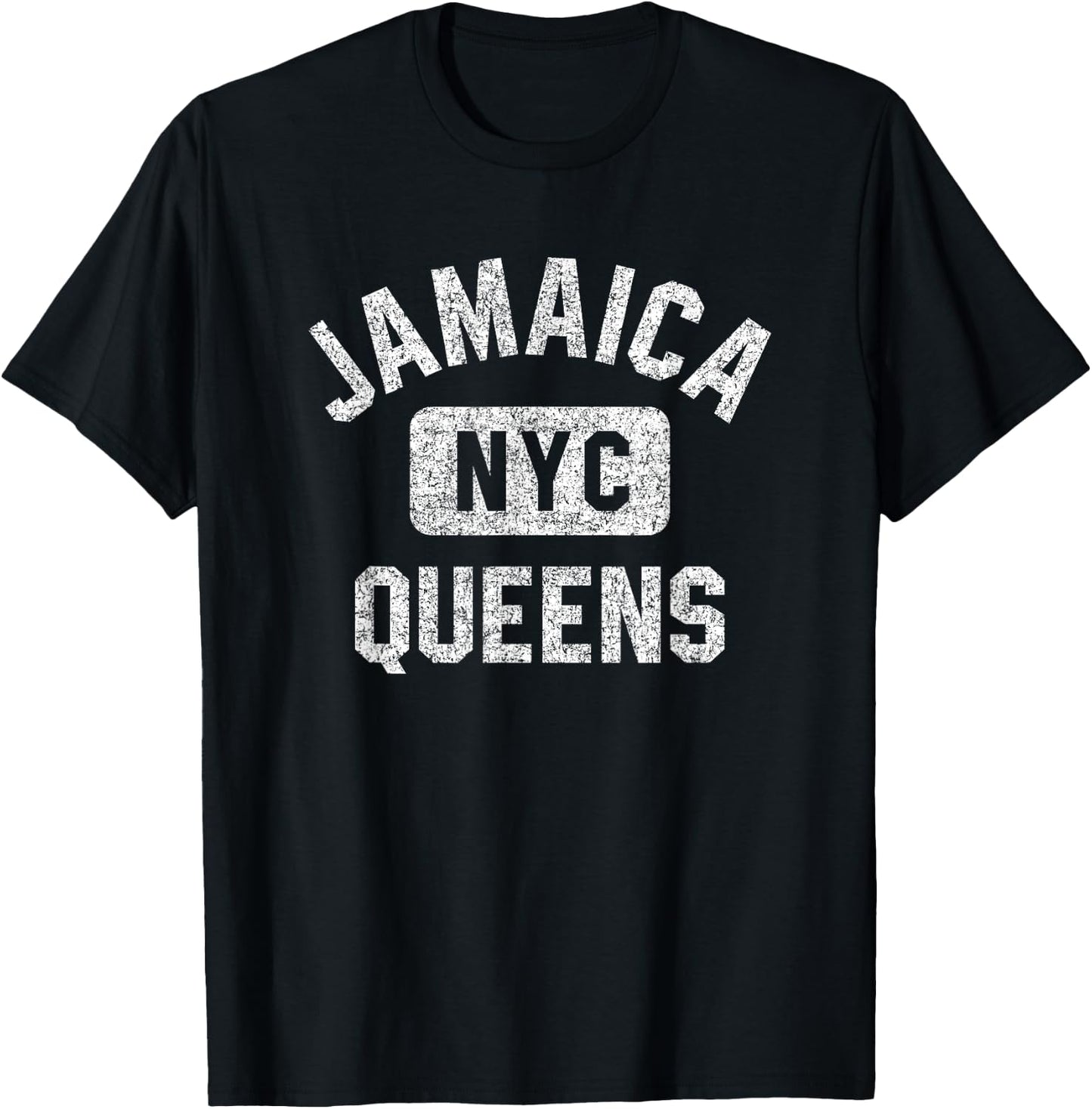 Jamaica Queens NYC Gym Style Distressed White Print T-Shirt - T-Shirt | Black