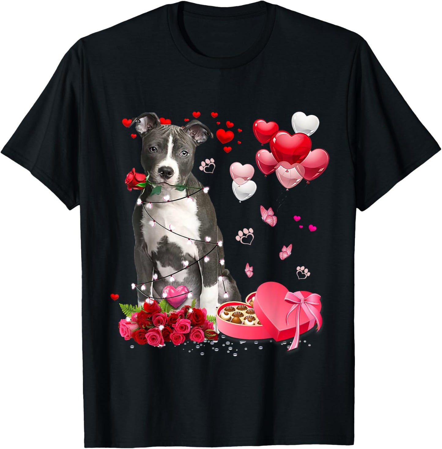 Funny Pitbull Rose Heart Happy Valentine Day Dog Mom Men Women Kids T-Shirt - T-Shirt | Black