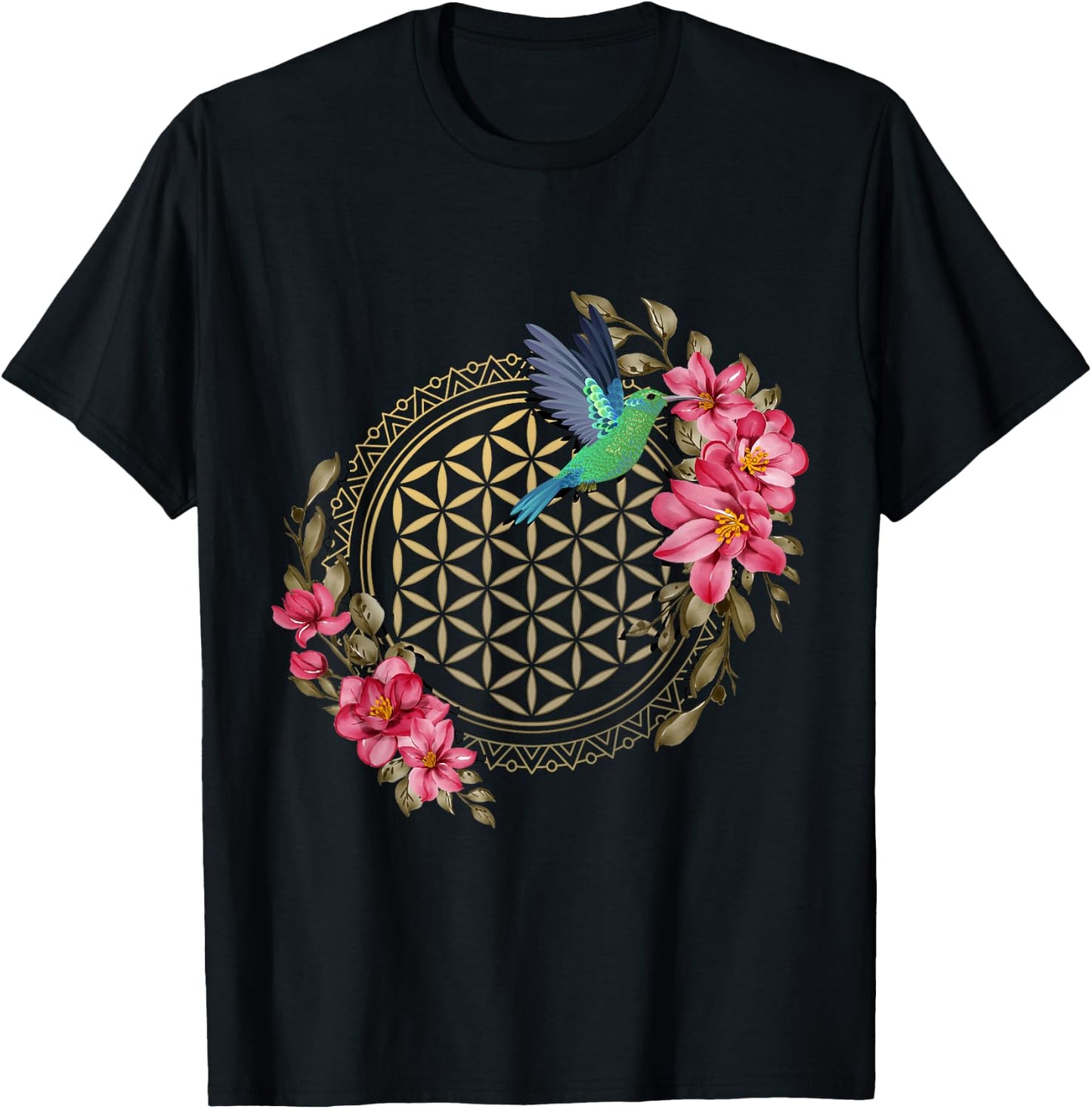 Hummingbirds Sacred Geometry Flower Of Life Hummingbird T-Shirt - T-Shirt | Black