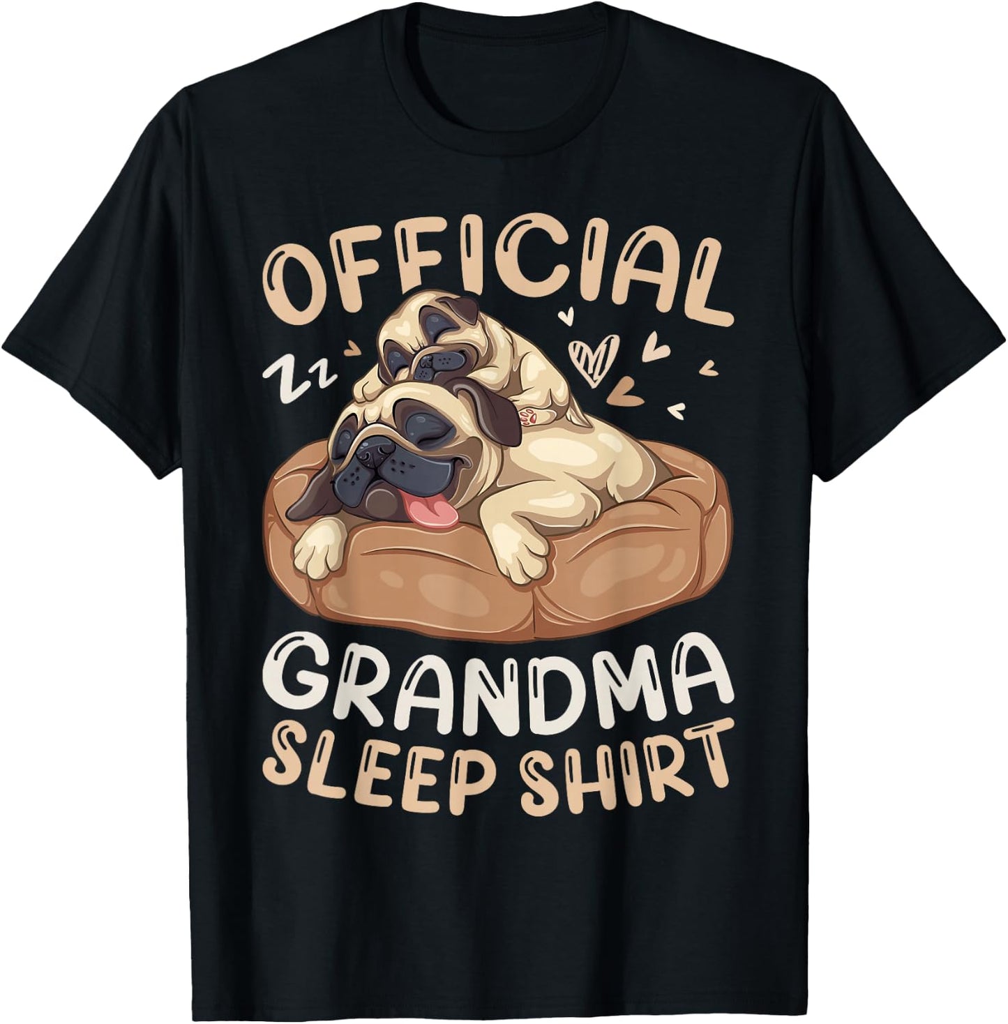 Official Grandma Sleep Shirt, Pug & Puppy Funny Dog Pajama T-Shirt - T-Shirt | Black