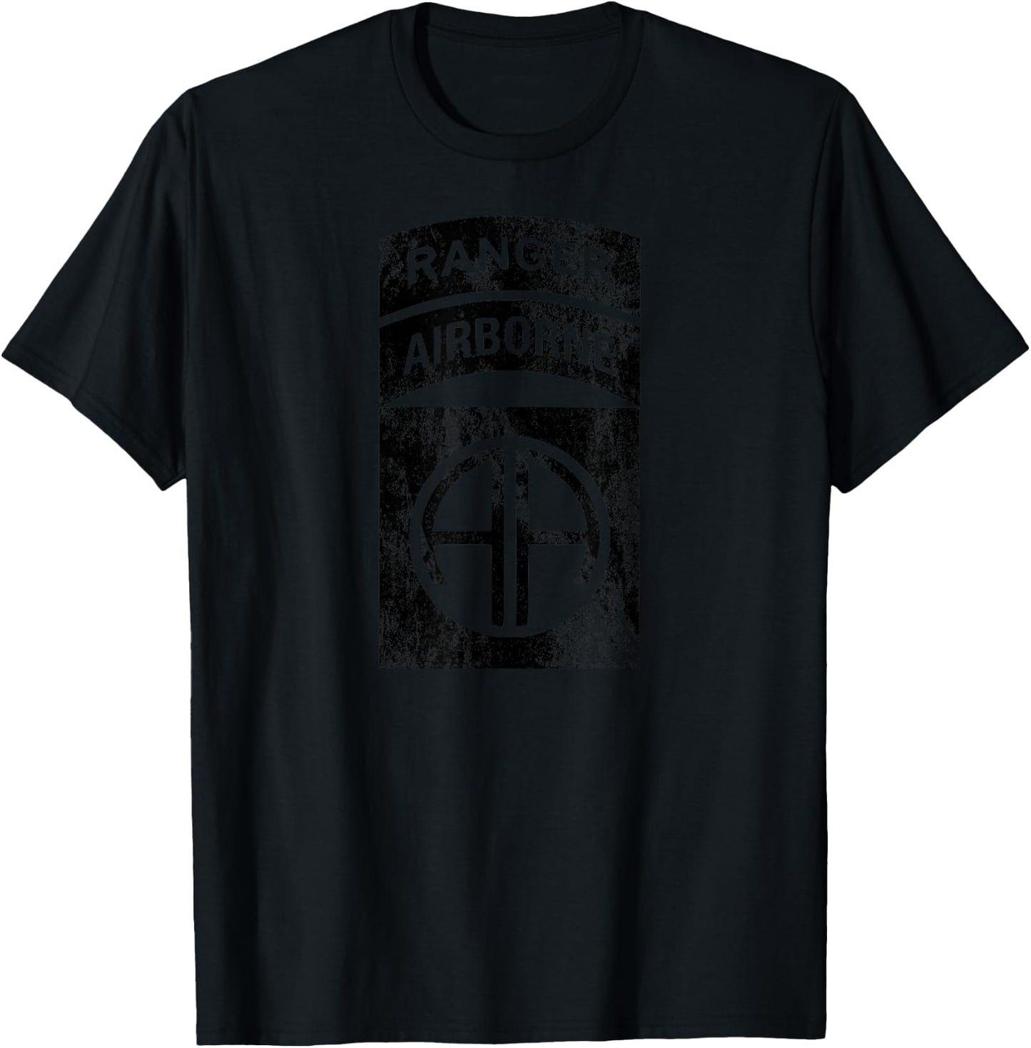 82nd Airborne Div Patch Ranger Tab Cent Dark Grey Distressed T-Shirt - T-Shirt | Black