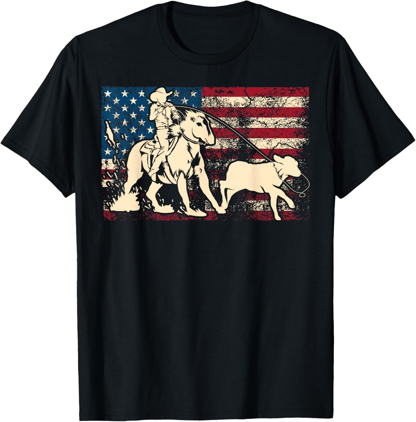 Funny Team Roping Rodeo Gift US Flag Cool Cowboy Men Women T-Shirt - T-Shirt | Black