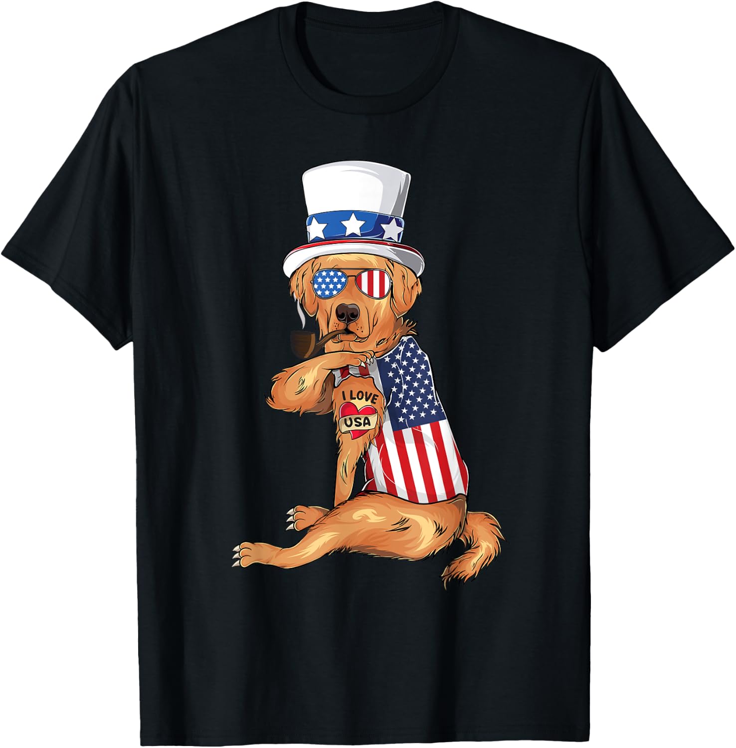 golden retriever dog Merica 4th of july usa american flag T-Shirt - T-Shirt | Black