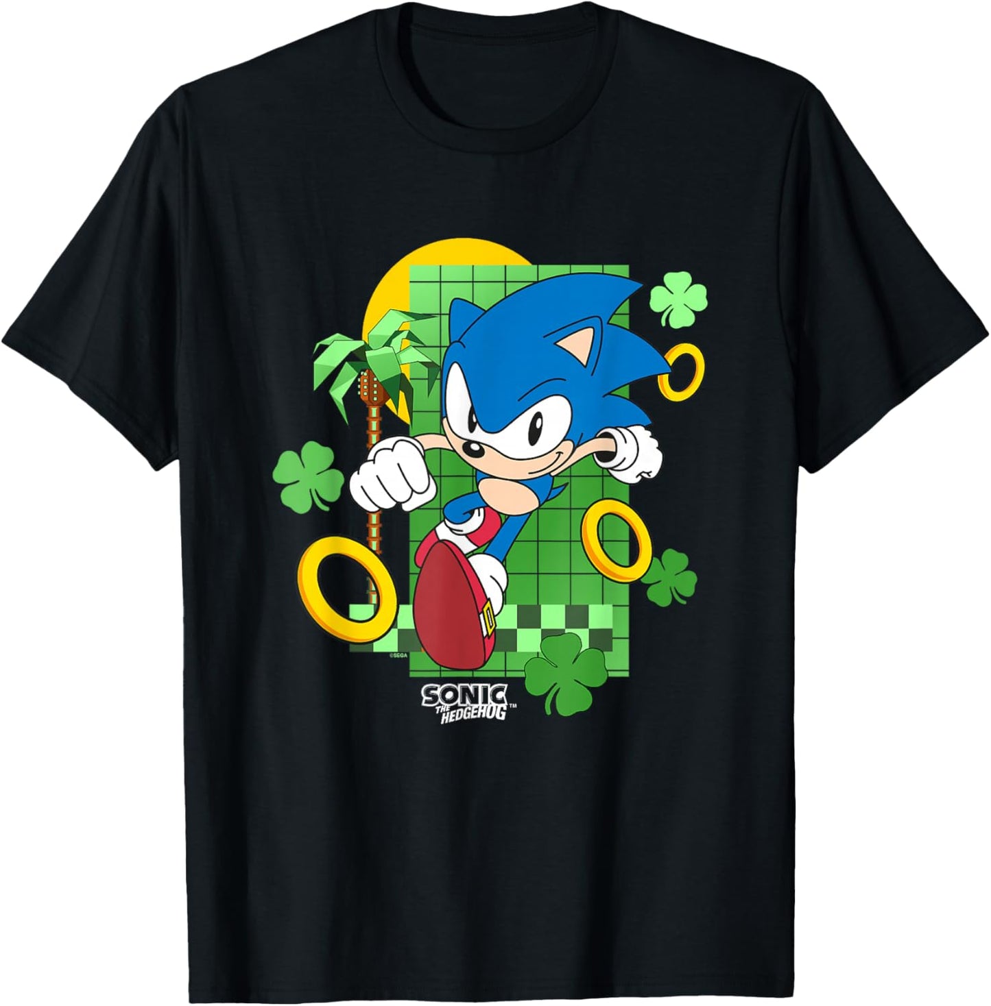 Sonic The Hedgehog St. Patrick's Day Running Through Clovers T-Shirt - T-Shirt | Black