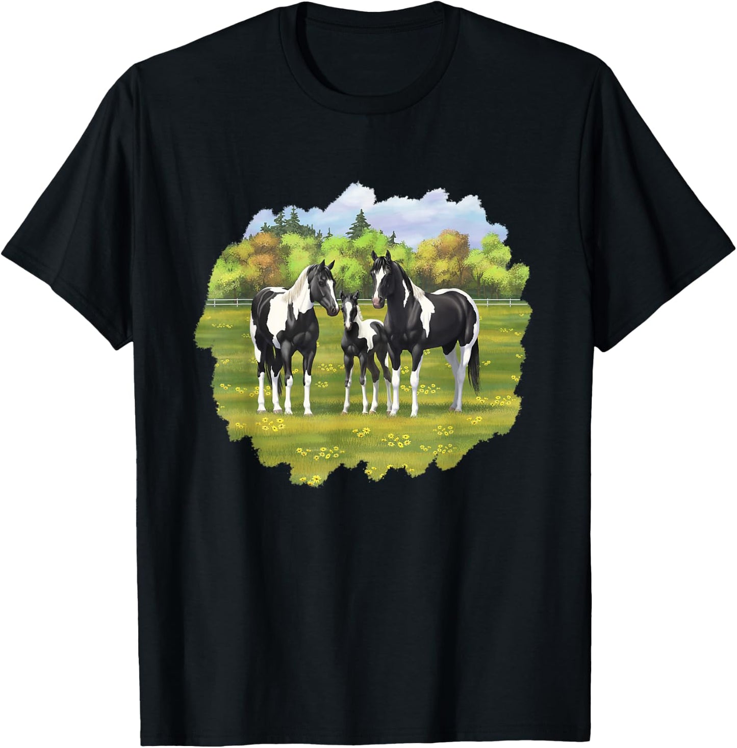 Beautiful Black Pinto Paint Horses In Summer Pasture Men Women Kids T-Shirt - T-Shirt | Black