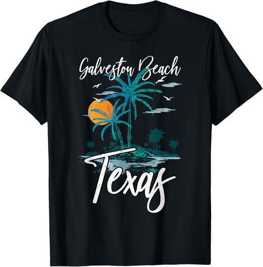 Family Vacation Retro Sunset Texas Galveston Beach Men Women Kids T-Shirt - T-Shirt | Black