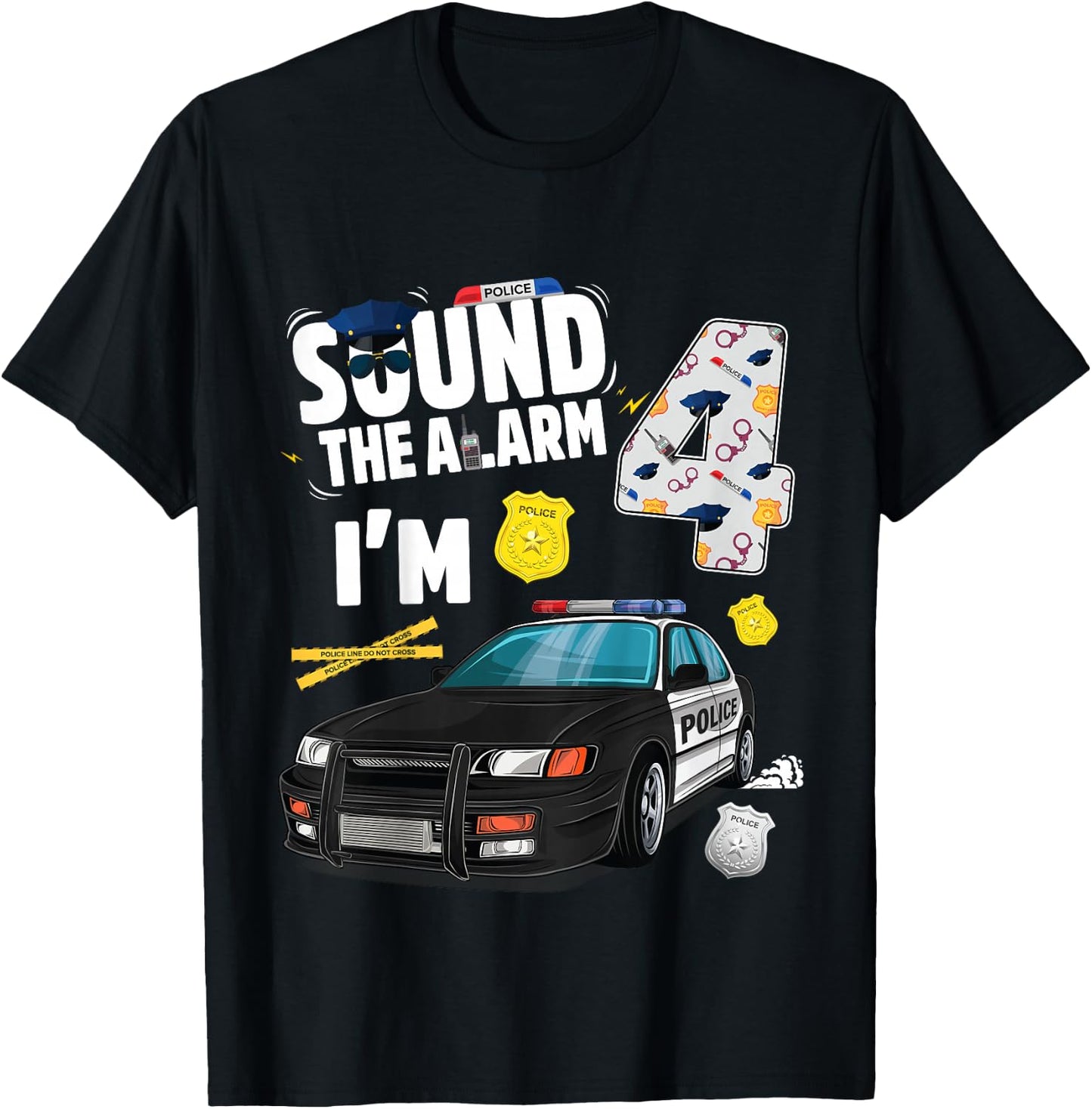Kids Police Car 4th Birthday Boy 4 year old Cop Policeman Officer T-Shirt - T-Shirt | Black
