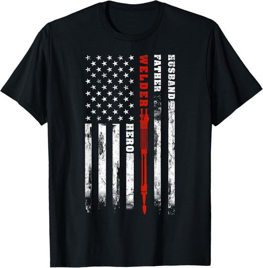 Welder gift Husband Father Welder hero American flag Women Men T-Shirt - T-Shirt | Black