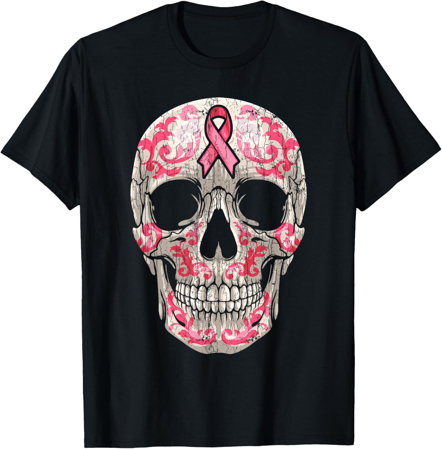 Breast Cancer Awareness Graphic Ribbon Sugar Skull Calavera T-Shirt - T-Shirt | Black