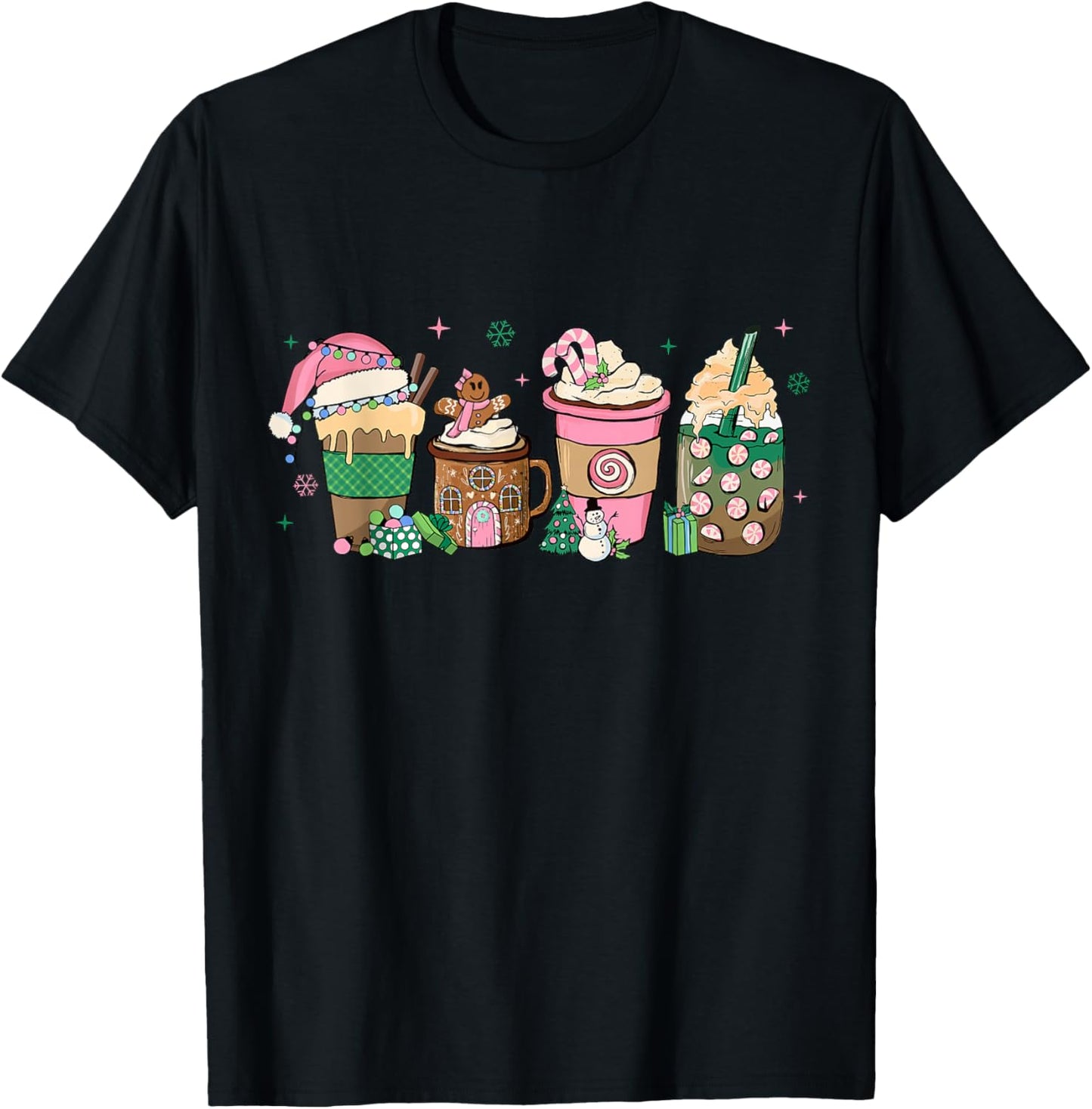 Coffee Christmas Gingerbread Pink Women Latte Cozy Winter T-Shirt - T-Shirt | Black