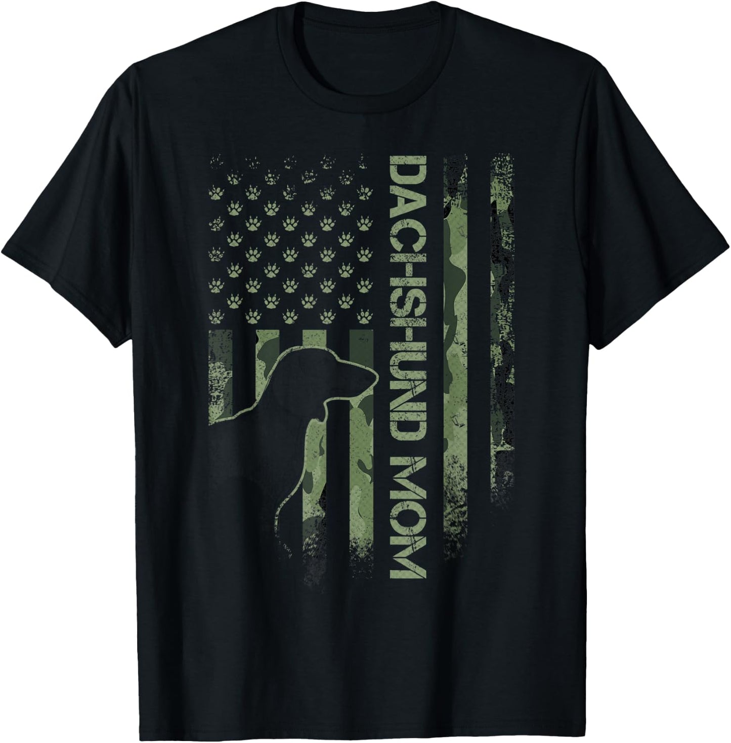 Vintage USA Camo Flag Proud Dachshund Mom Wiener Silhouette T-Shirt - T-Shirt | Black