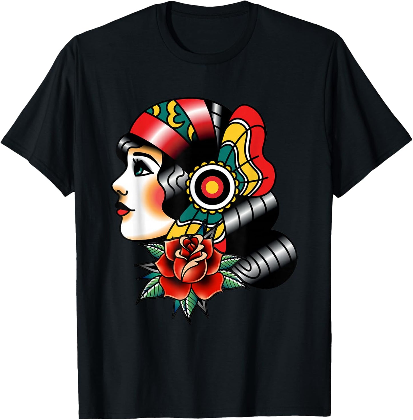 Lady Head American Traditional Tattoo Old School T-Shirt - T-Shirt | Black