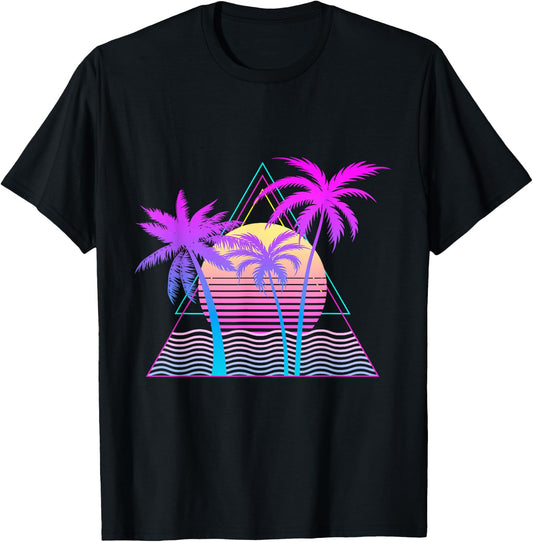 Retro 1980s 1990s Vaporwave Palm Trees Beach Sunset Surf Art T-Shirt - T-Shirt | Black