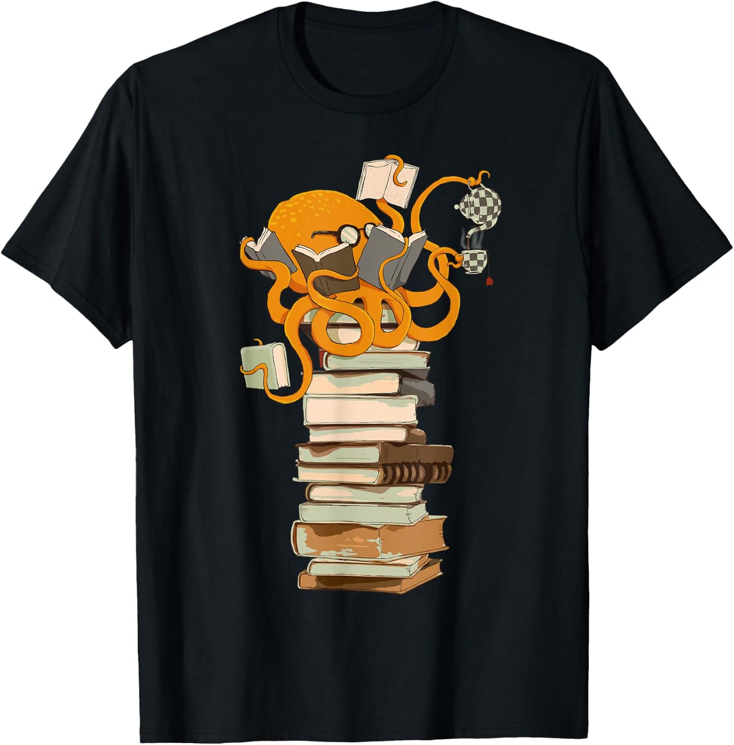 Reading Octopus, Tea, Coffee and Books Gift T-Shirt - T-Shirt | Black
