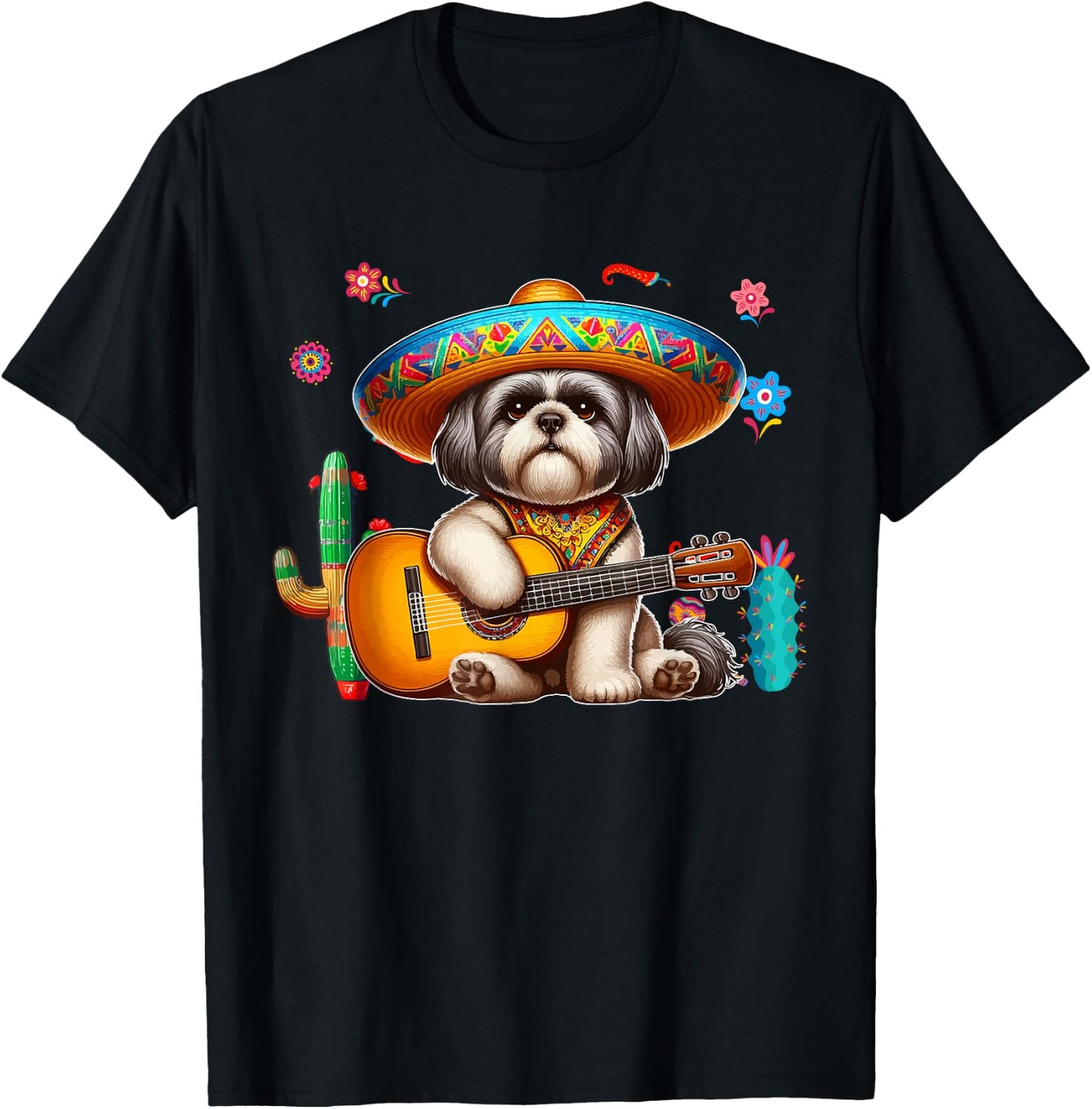 Shih Tzu Sombrero Mexican Guitar Cinco De Mayo Owner T-Shirt - T-Shirt | Black