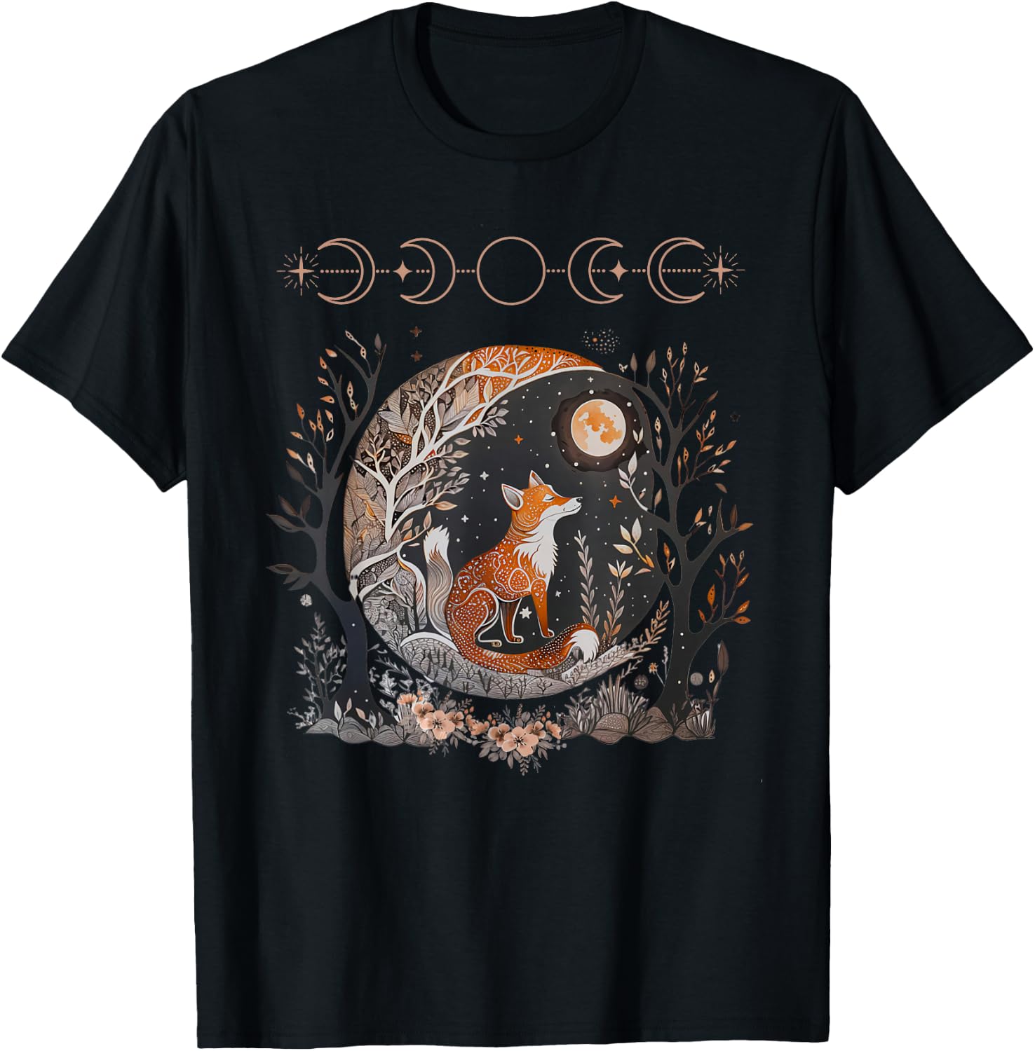 Witchy Moon Cottagecore Floral Fox Aesthetic Art Women Girls T-Shirt - T-Shirt | Black
