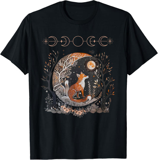 Witchy Moon Cottagecore Floral Fox Aesthetic Art Women Girls T-Shirt - T-Shirt | Black
