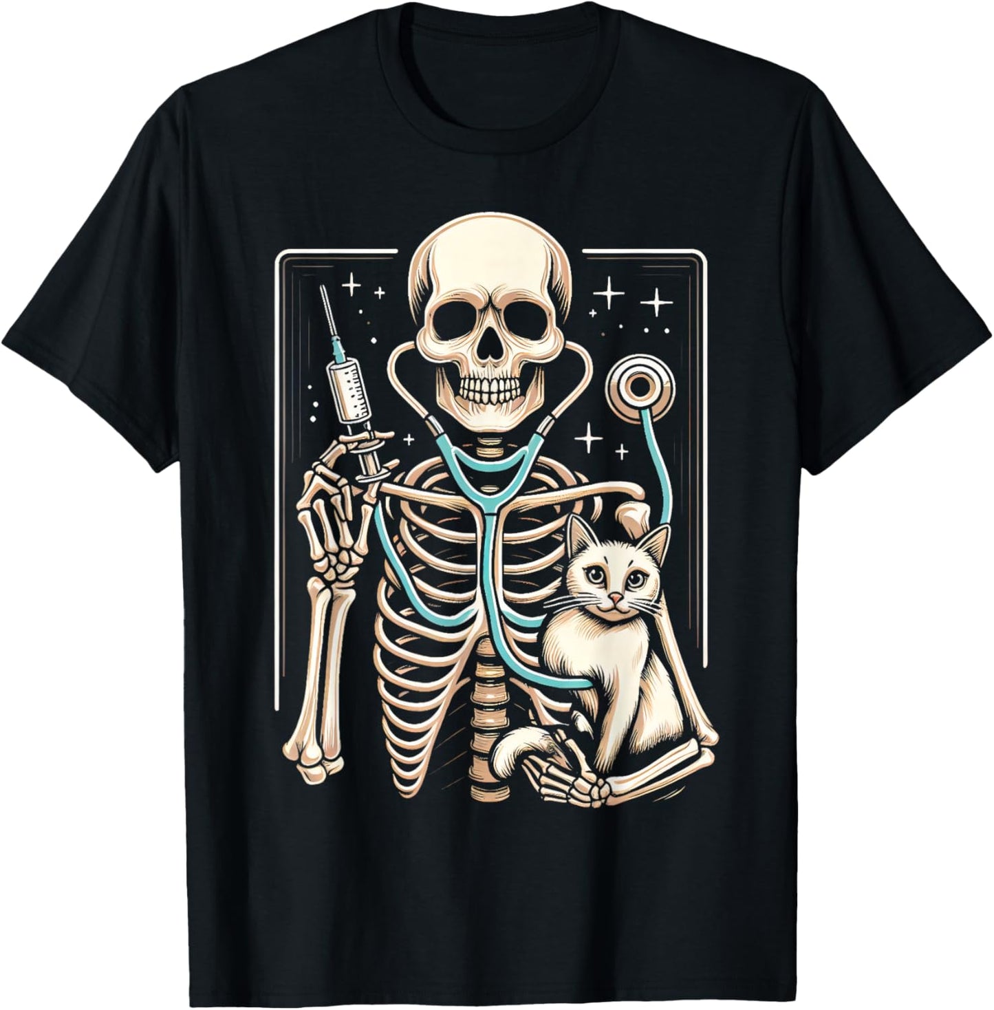 Skeleton Hug Cat Vet Tech Veterinarian Veterinary Halloween T-Shirt - T-Shirt | Black