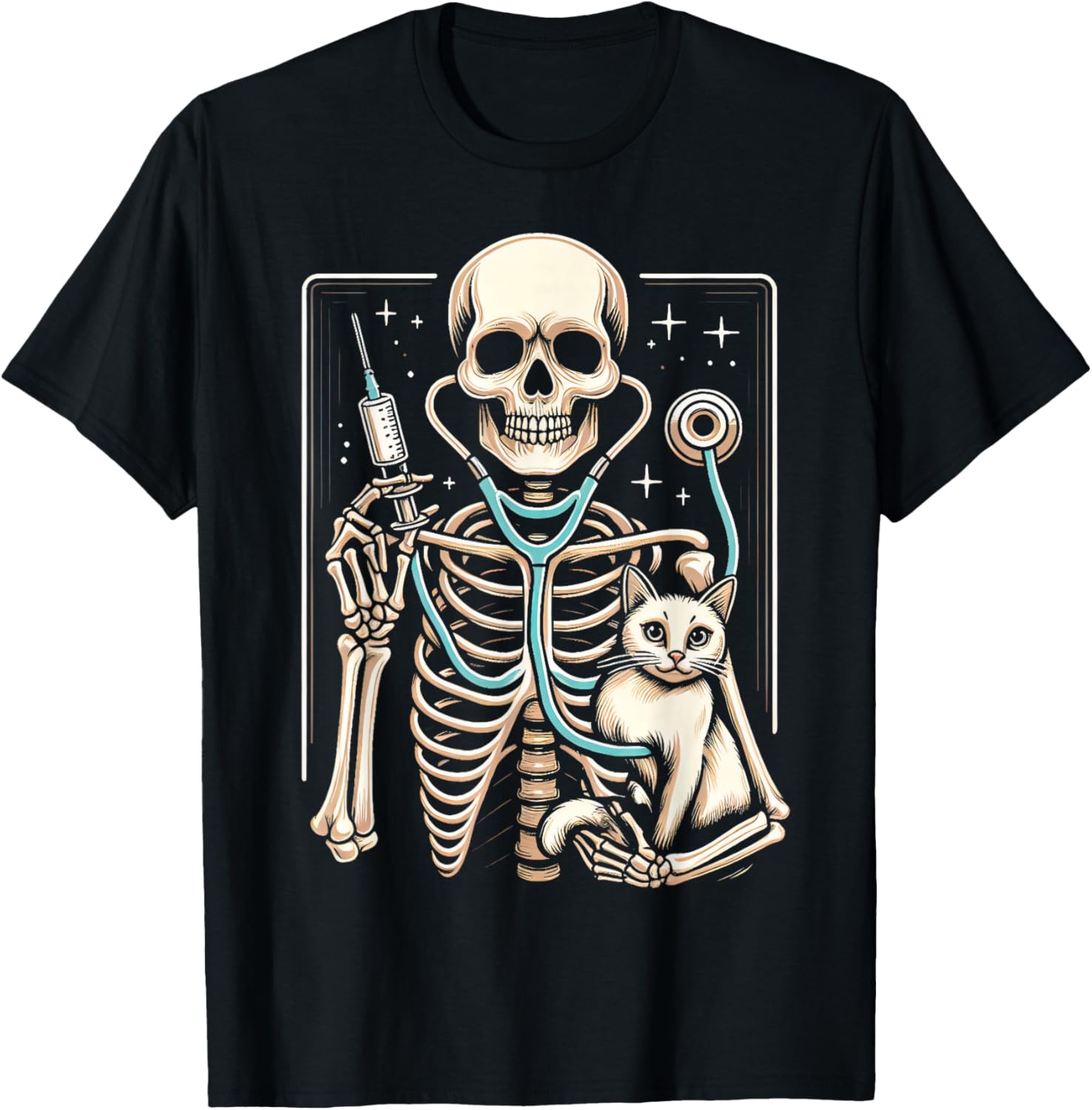 Skeleton Hug Cat Vet Tech Veterinarian Veterinary Halloween T-Shirt - T-Shirt | Black