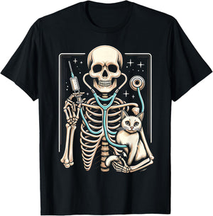 Skeleton Hug Cat Vet Tech Veterinarian Veterinary Halloween T-Shirt - T-Shirt | Black