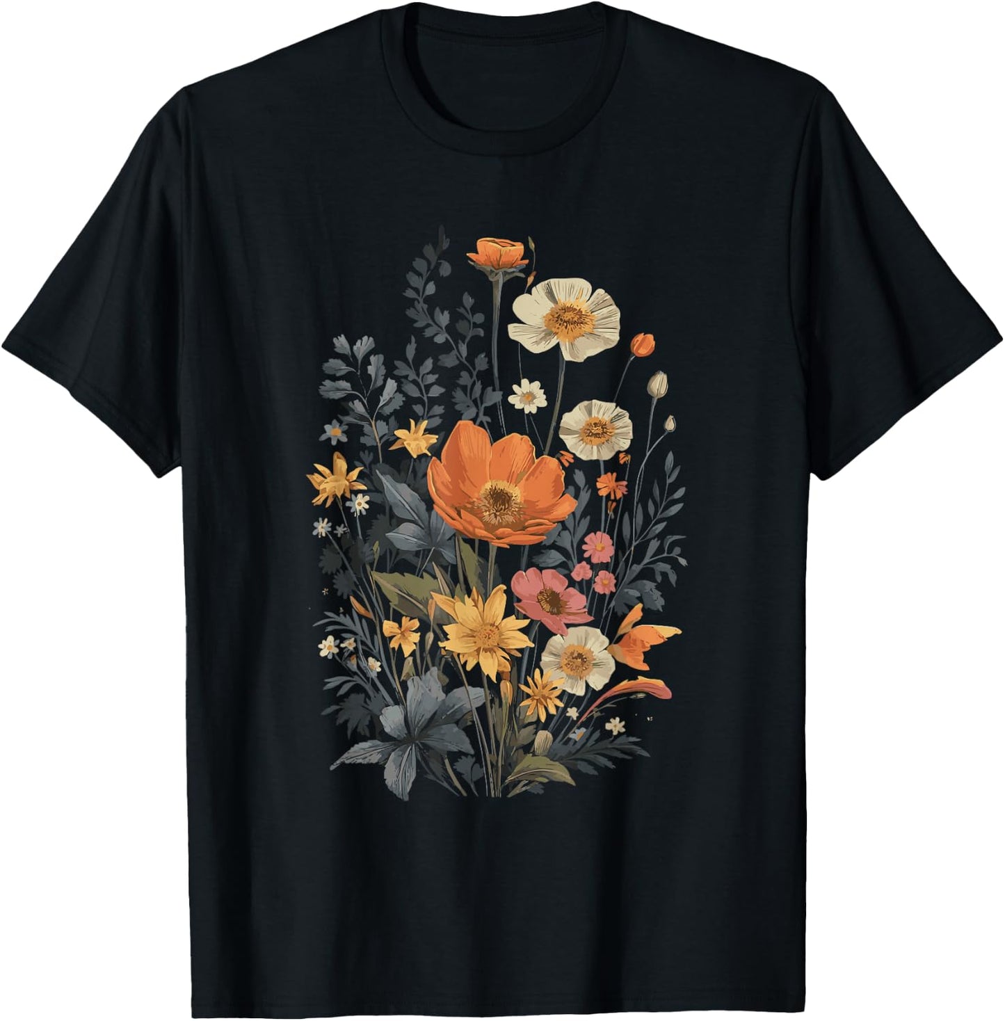 Vintage Flowers Floral Pressed Flower T-Shirt - T-Shirt | Black
