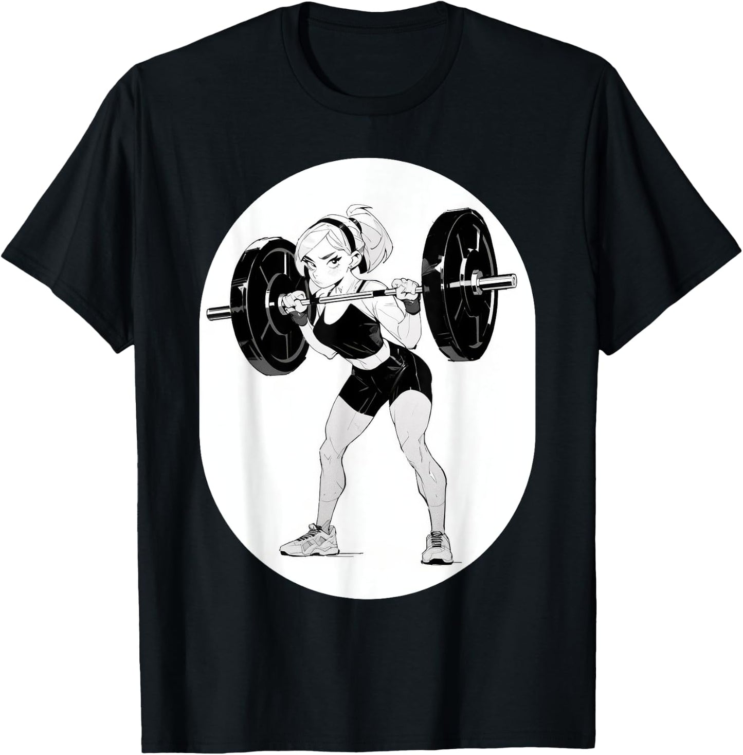 Anime & Manga Style Gym Girl holding Large Barbell T-Shirt - T-Shirt | Black