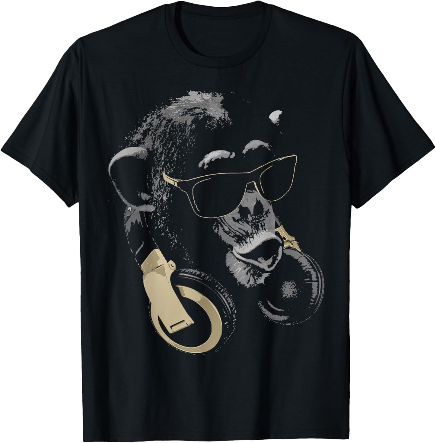 Funny Cute Happy and Cool Animal Design Love Store Monkey Chimpanzee with Sunglasses and Headphones - Adults - Black - Small T-Shirt - T-Shirt | Black