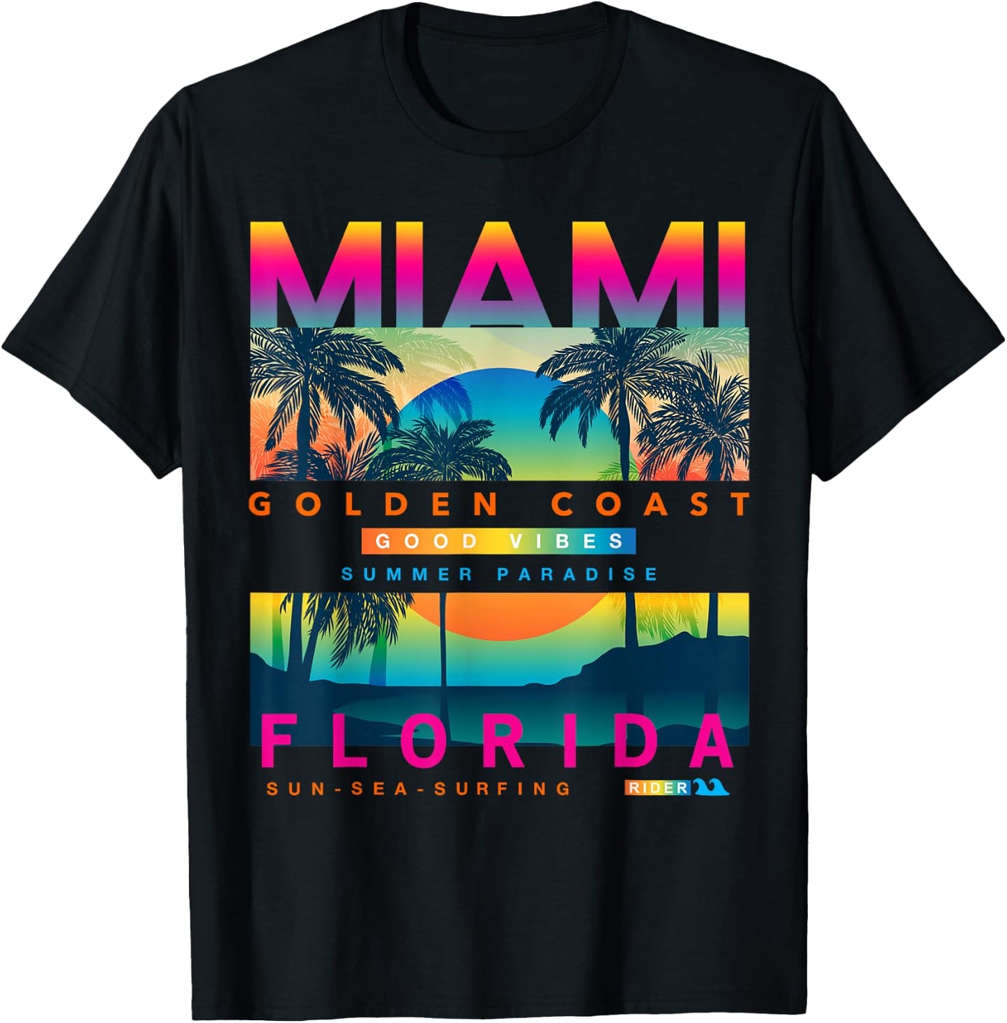 I Love Miami, Cool Miami Florida Colourful Sunrise Graphic T-Shirt - T-Shirt | Black