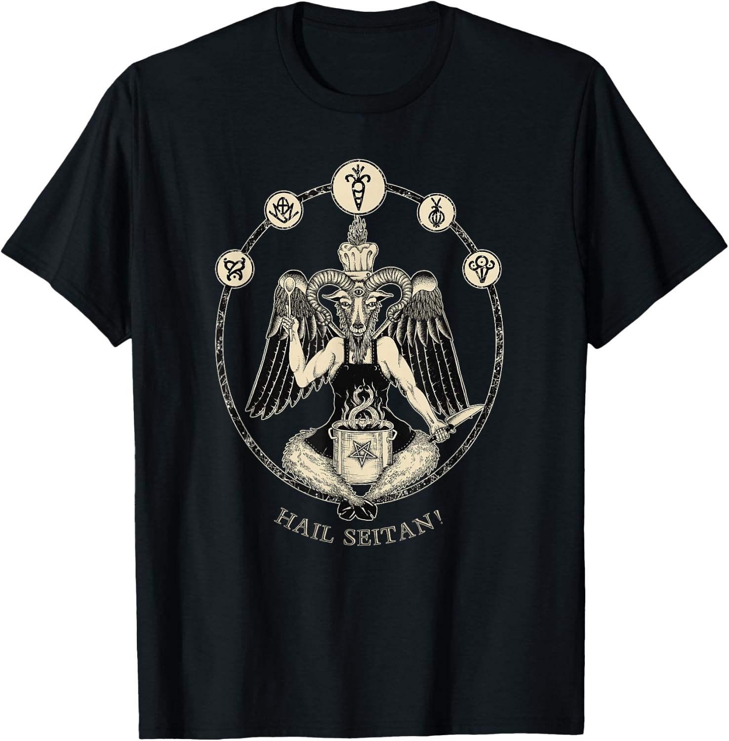 Hail Seitan! Satanic vegan chef Baphomet occult home cook T-Shirt - T-Shirt | Black