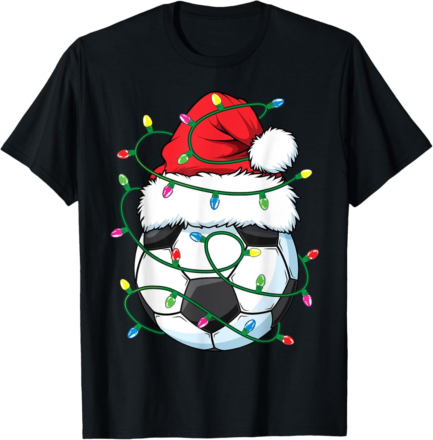 Funny Christmas Soccer Ball Santa Hat Xmas Lights Girls Boys T-Shirt - T-Shirt | Black