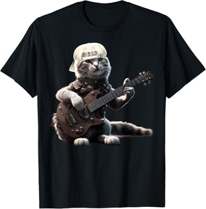 Cat Playing Guitar Funny Rock Music Gifts Women Kid T-Shirt - T-Shirt | Black