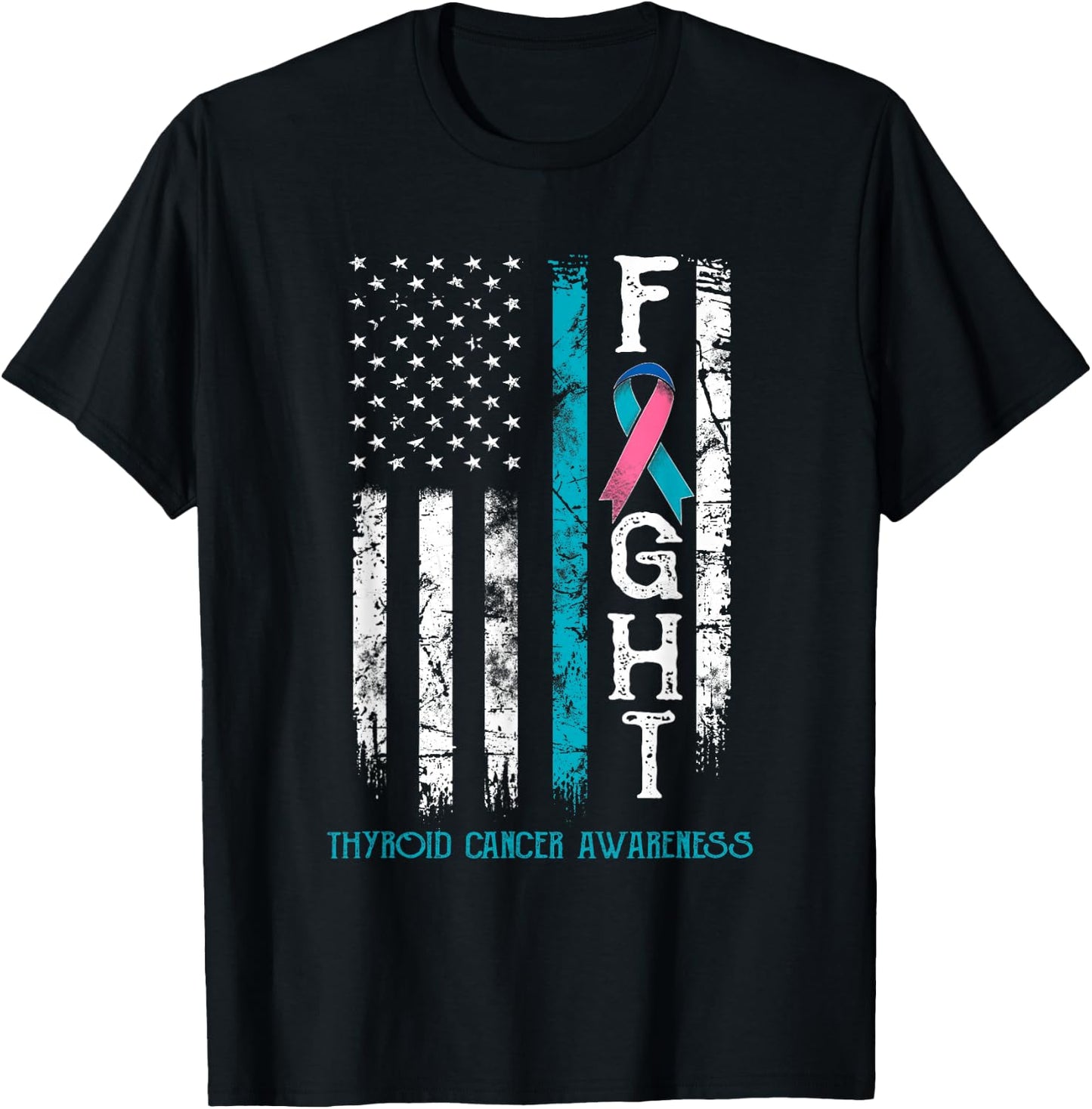 Thyroid Cancer Warrior US Flag T-Shirt - T-Shirt | Black