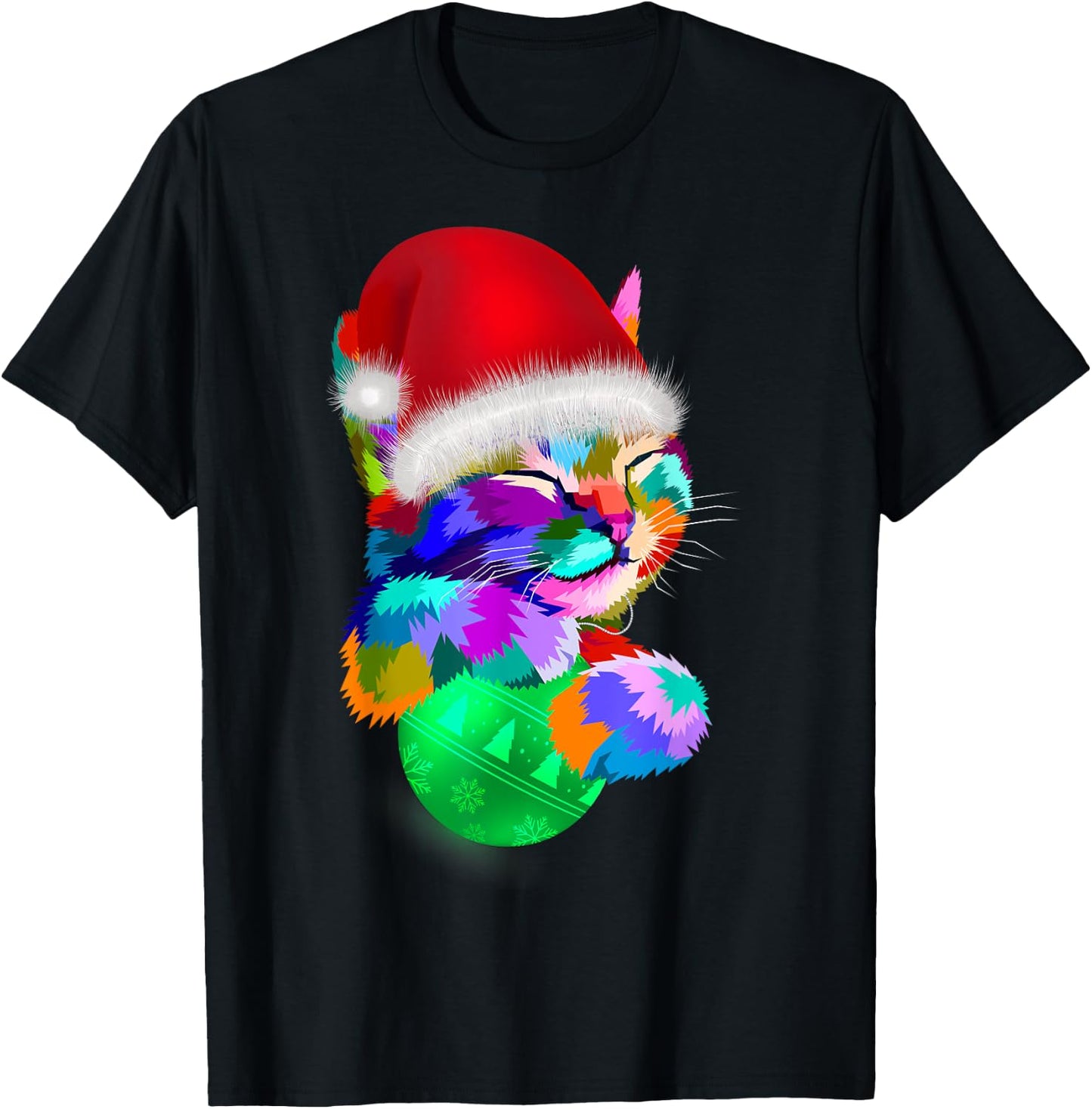 Cute Cat Colourful Funny Santa Hat Christmas Ball Costume Women Kids T-Shirt - T-Shirt | Black