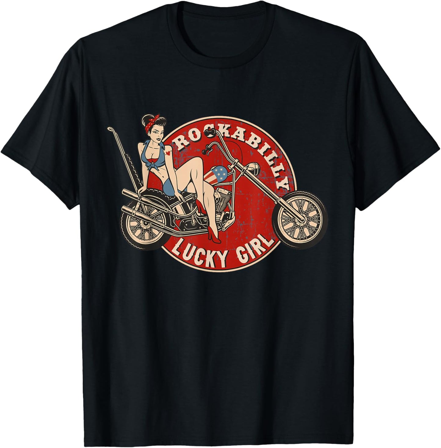 Motorcycle Pinup Girl Old School Rockabilly Lucky Girl T-Shirt - T-Shirt | Black