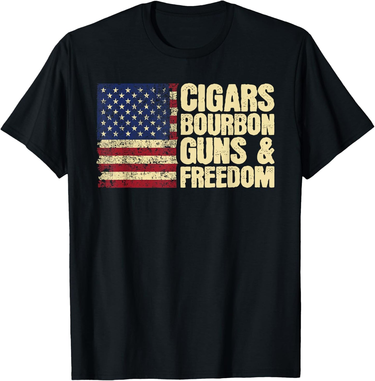 Cigars Bourbon Guns and Freedom American Flag T-Shirt - T-Shirt | Black