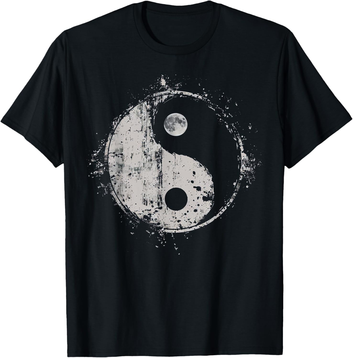 Distressed Yin Yang Moon Balance Spiritual Design T-Shirt - T-Shirt | Black