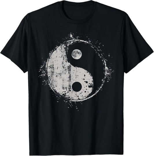 Distressed Yin Yang Moon Balance Spiritual Design T-Shirt - T-Shirt | Black